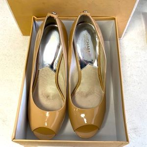 Michael Kors Nude Patent Leather Open Toe Platform Pumps